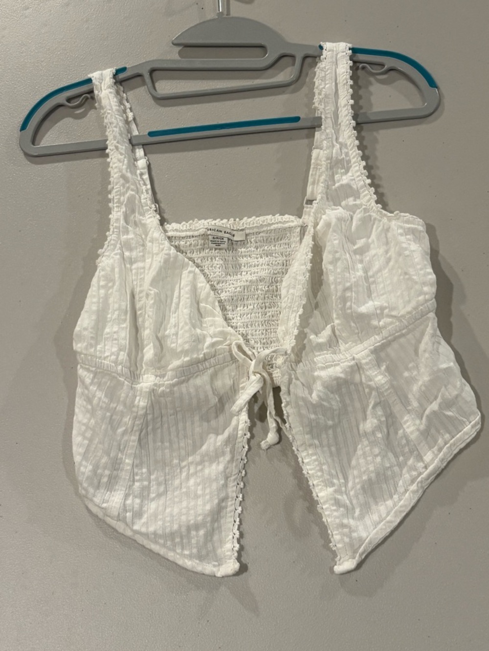 American Eagle Outfitters White Tie-Front Smocked Top